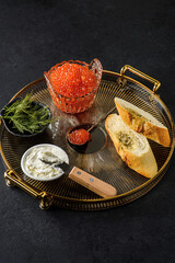 bruschetta with red caviar and cottage cheese
