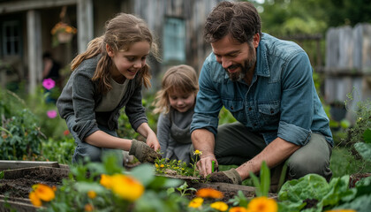 Obraz premium A Family Gathering in Their Backyard Garden: Parents and Children Enjoying Quality Time Outdoors