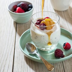 prepared homemade yogurt with natural honey in a glass on a light wooden table.