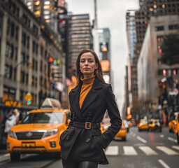 Obraz premium Confident female business executive posing in the middle of a busy street in New York