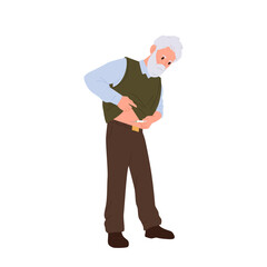 Old mature man patient cartoon character making insulin shot into abdominal area with syringe