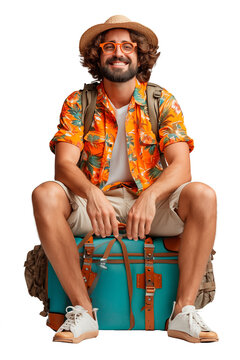 Front view of young tourist man smiling and wearing a straw hat, glasses and a flowered shirt sitting on her suitcase isolated on a cutout PNG transparent background