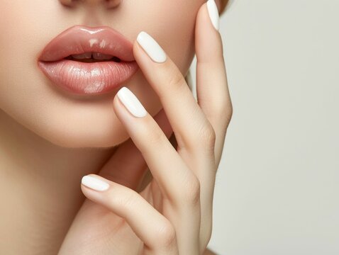 Sensual Lips and Elegant Manicure on Pink Background. Generative ai