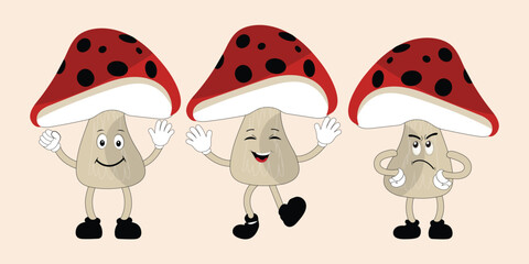 Mushroom character design different expression in vintage style, Kawaii mushroom cartoon mascot character vector illustration. Eps 10