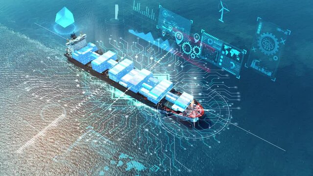 AI technology. Global Logistics international delivery concept, World map logistic and supply chain network distribution container Ship running for export import to customs cean concept isometric	
