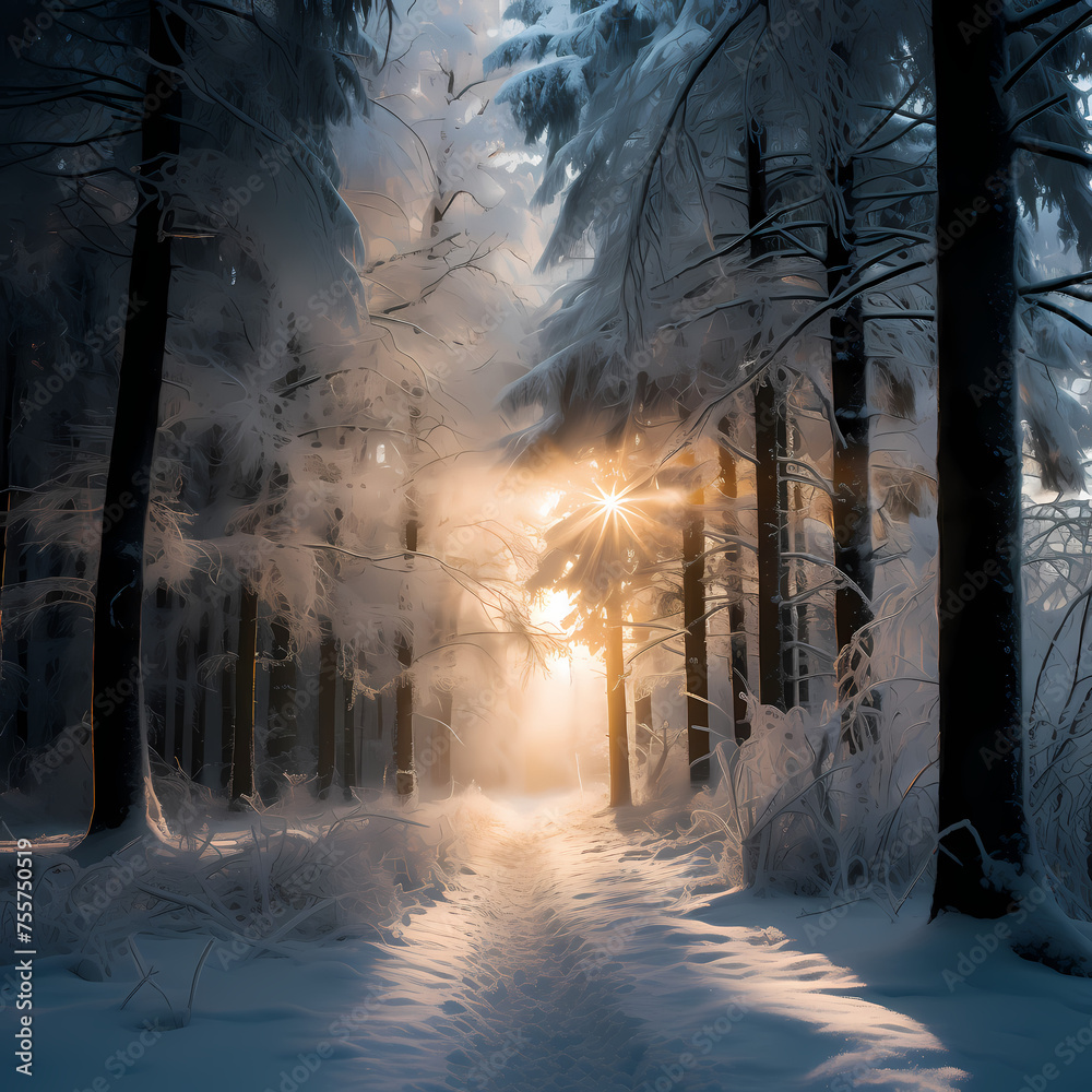 Poster A snowy forest with sunlight filtering through the trees