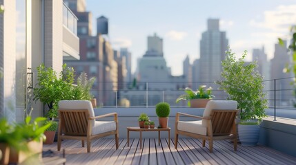 A balcony with two white chairs and potted plants - obrazy, fototapety, plakaty