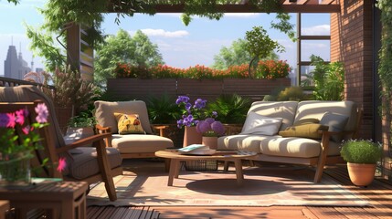 Obraz premium A patio with a wooden table and chairs, a potted plant, and a vase of flowers