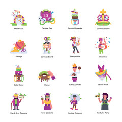 Trendy Flat Icons Depicting Mardi Gras Celebration 

