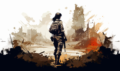 woman soldier in ruined city isolated vector style with transparent background illustration - obrazy, fototapety, plakaty