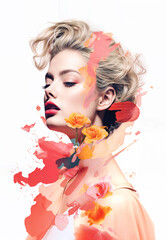 Pop collage Illustration of a woman with red lips and orange flowers . Fashion, pop art 
