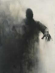 Eerie black and white photo captures ghostly figure in dense fog - obrazy, fototapety, plakaty
