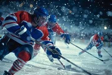 Dynamic image of concentrated hockey player in motion during game, playing on ice rink arena with tribune filled of sport fans