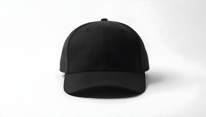 black baseball cap mockup front view, png file of isolated cutout object with shadow on background.