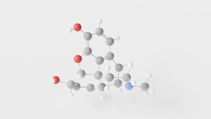 morphine molecule 3d, molecular structure, ball and stick model, structural chemical formula strong opiate