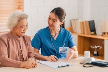 nursing home assistance in health insurance business concept, asian woman doctor or nurse caregiver support health care to elderly senior patient person, caretaker in medicals care recovery service - obrazy, fototapety, plakaty