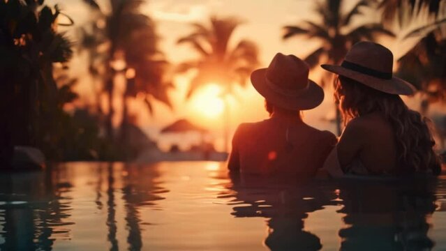 A tourist relaxes and enjoys sunset by tropical resort pool while traveling during summer vacation capturing beauty and joy