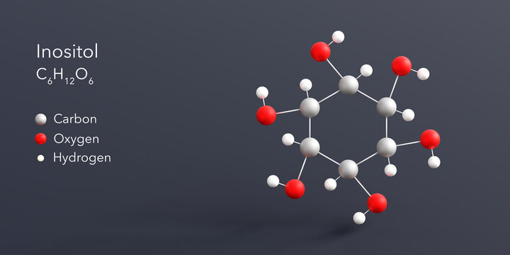 inositol molecule 3d rendering, flat molecular structure with chemical formula and atoms color coding