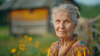 Foto auf Acrylglas Heringsdorf, Deutschland elderly woman posing outside her country home and glancing at the camera