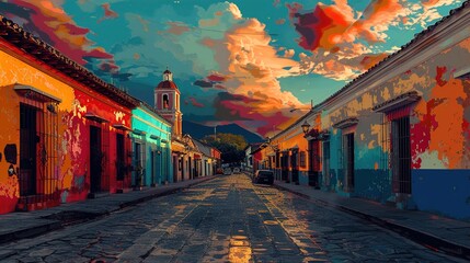 Colorful Main Street Cityscape of Antigua, GENERATIVE AI