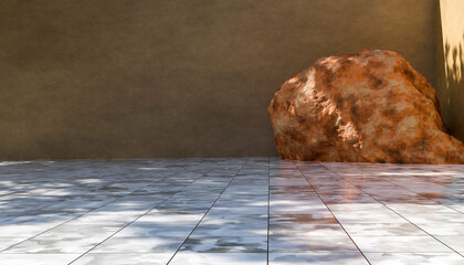 Abstract minimal nature scene - empty stage and huge stone on beige background and soft shadows of...