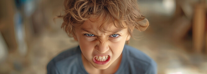 Little youngster displaying aggression and a grimace of anger - obrazy, fototapety, plakaty