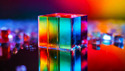 Abstract background with closeup shot of glossy crystal block with multicolored gradient