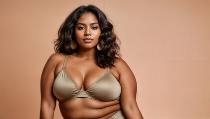 Body Positivity, weibliches afro-amerikanisches curvy Model posiert selbstbewusst im Studiosetting