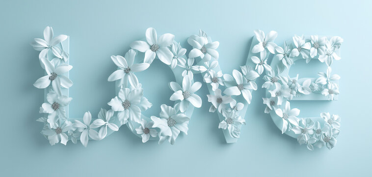 Composition of white flowers and butterflies on blue background, which creates carefree image word LOVE