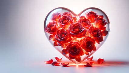 A heart-shaped arrangement of radiant red roses, adorned with delicate petals within a glass vessel.