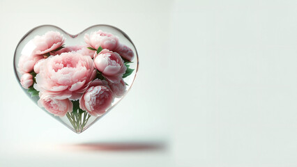3D heart-shaped cluster of pastel peonies with a soft background.