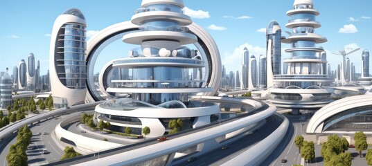 Futuristic smart city panorama with eco skyscrapers, 3d creative concept illustration.