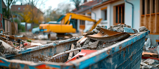 A skip filled with debris and construction materials from a home renovation in progress.
