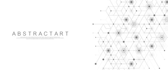 Technology abstract lines and dots connect background with hexagons. Hexagons connection digital data and big data concept. Hex digital data visualization. Vector illustration