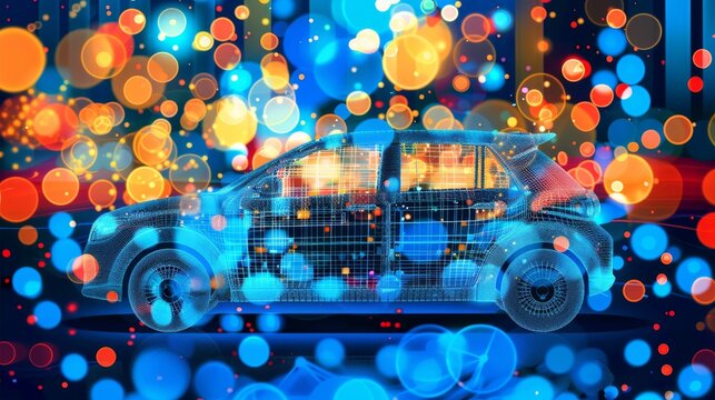 Futuristic electric black car on holographic wireframe digital technology background