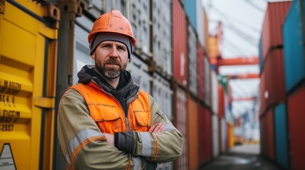 Professional Logistics Worker Among Shipping Containers in International Trade Hub