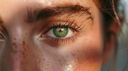 Extreme close-up of a woman's face, emphasizing the texture and radiance of her dewy skin, with a soft focus on her vibrant green eye and long feathery lashes - obrazy, fototapety, plakaty