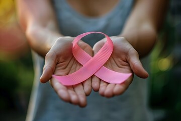 Breast Cancer Concept. A person holding a pink ribbon symbolizing support and awareness for breast cancer, against a natural backdrop.