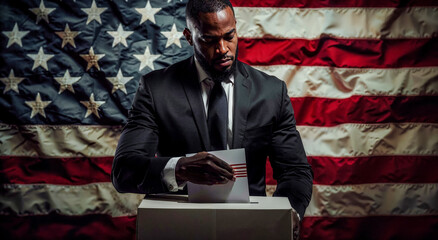 Voting Power American Citizen Casting Vote with Flag Backdrop Digital Art Poster Background Wallpaper Brainstorming