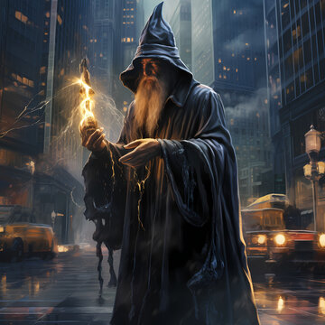 A wizard casting spells in a modern urban setting.