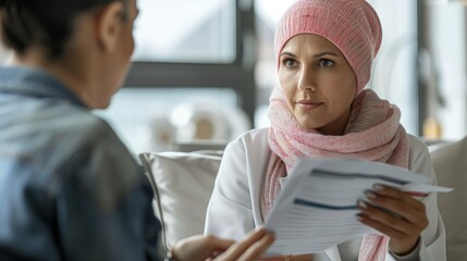 Oncologist consulting with a cancer patient, hands holding medical reports, conveying hope and determination.