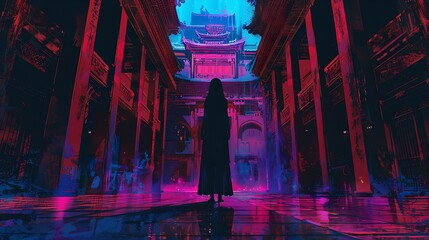 Anime manga character in a ambient hallway, horror, dark red, girl, LOFI
