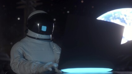 Astronaut works on his science laptop in a space colony. 3d illustration