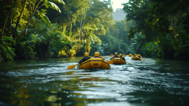Kayaking in Tropical Rainforest. Group of adventurers kayaking through a serene tropical rainforest river surrounded by lush greenery.