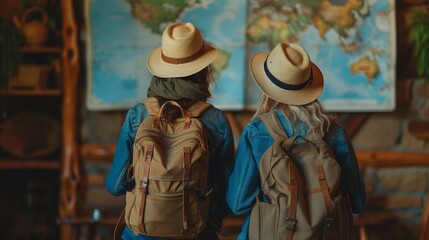 Travelers with Backpacks Looking at Map. Two travelers with straw hats and backpacks contemplating a world map for their next destination.