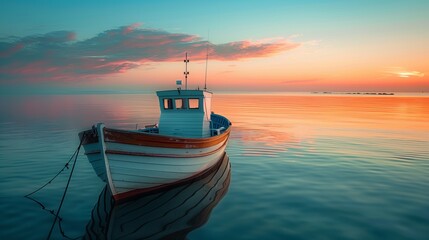 Fishing Boat at Sunset. A calm sea reflects a fishing boat under a pastel sunset sky, conveying tranquility and beauty in nature. - obrazy, fototapety, plakaty