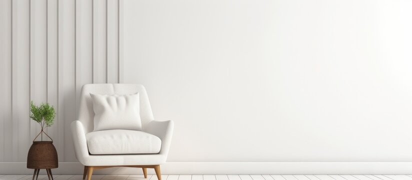Modern Minimalist Interior with Armchair on White Wall Background.