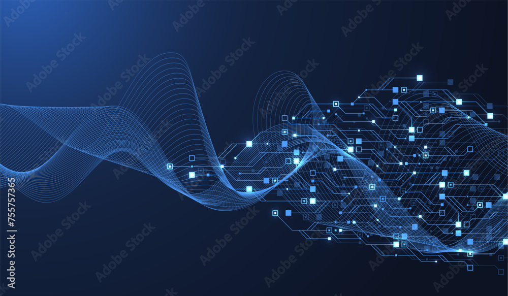 Poster Quantum computer technologies concept. Futuristic blue circuit board background vector. Modern technology circuit board texture background design. Waves flow. Quantum explosion technology.