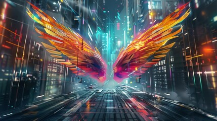 Fiery wings in neon cyber city illustration. Artistic depiction of burning wings in a digital metropolis. Colorful wings concept in a futuristic urban setting. - obrazy, fototapety, plakaty