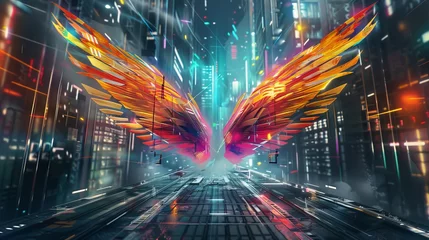 Foto op Plexiglas Fiery wings in neon cyber city illustration. Artistic depiction of burning wings in a digital metropolis. Colorful wings concept in a futuristic urban setting. © Irina.Pl